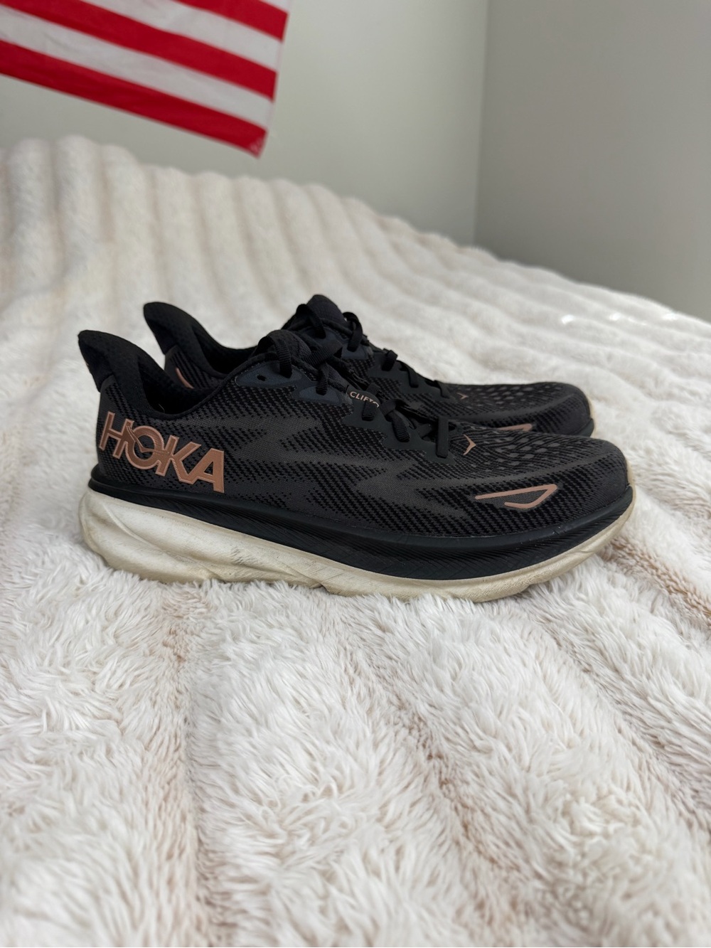 Hoka Women’s Black Running Shoes with Rose Gold Logos
